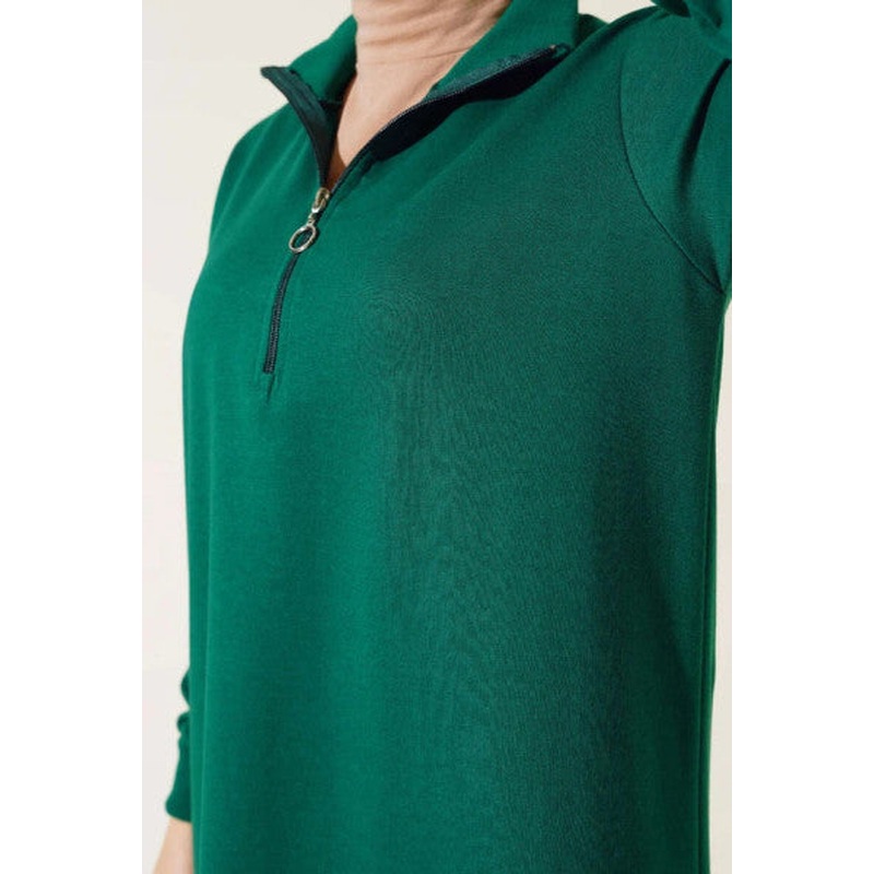 Half Zipper Basic Long Tunic Emerald Green