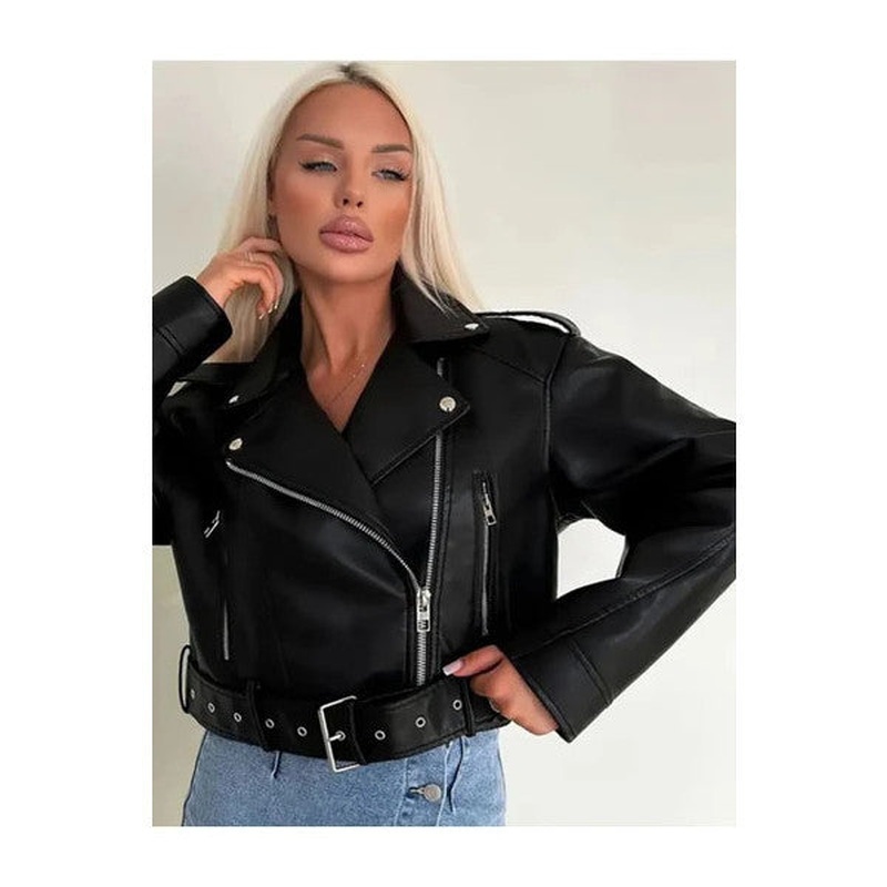 New Season Belted Oversize Leather Biker Jacket