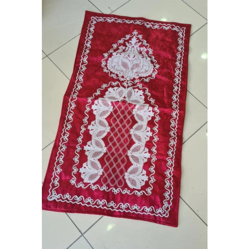 Verna Szene Embroidered Velvet Prayer Rug, Red Color