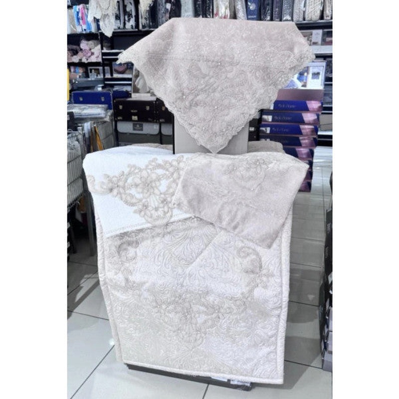 Hale Guipure Acetate Velvet Prayer Rug Set Cappuccino