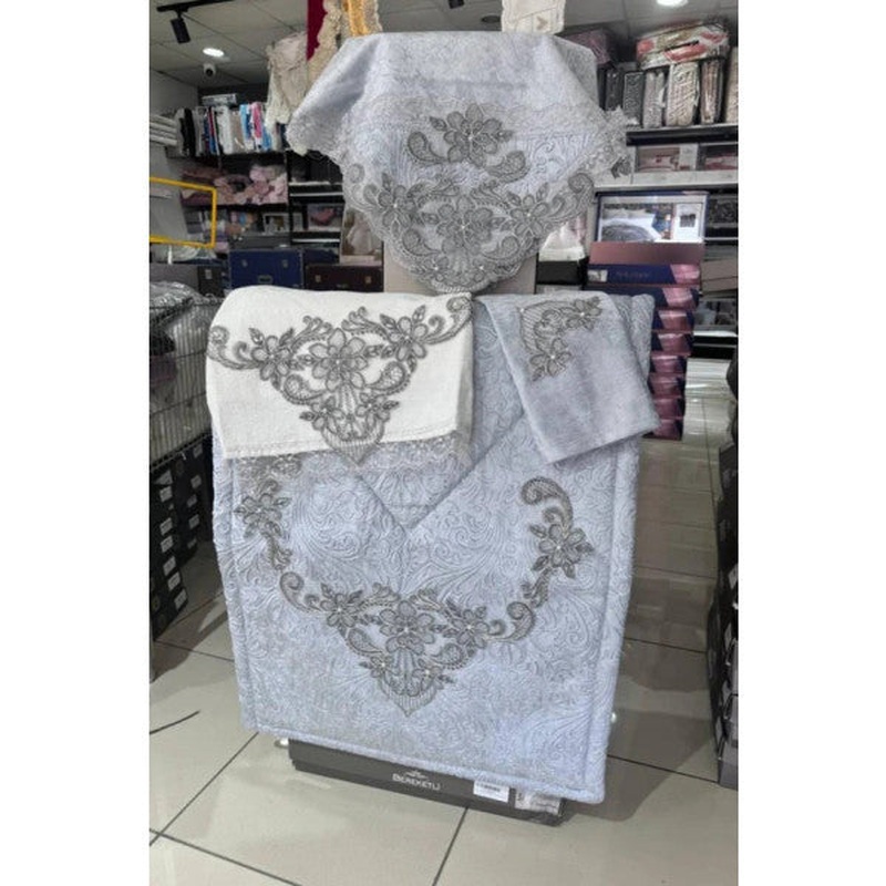 Hale Guipure Acetate Velvet Prayer Rug Set Gray