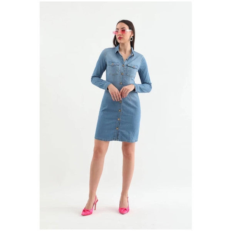 Women's Long Sleeve Buttoned Jean Dress Light Blue