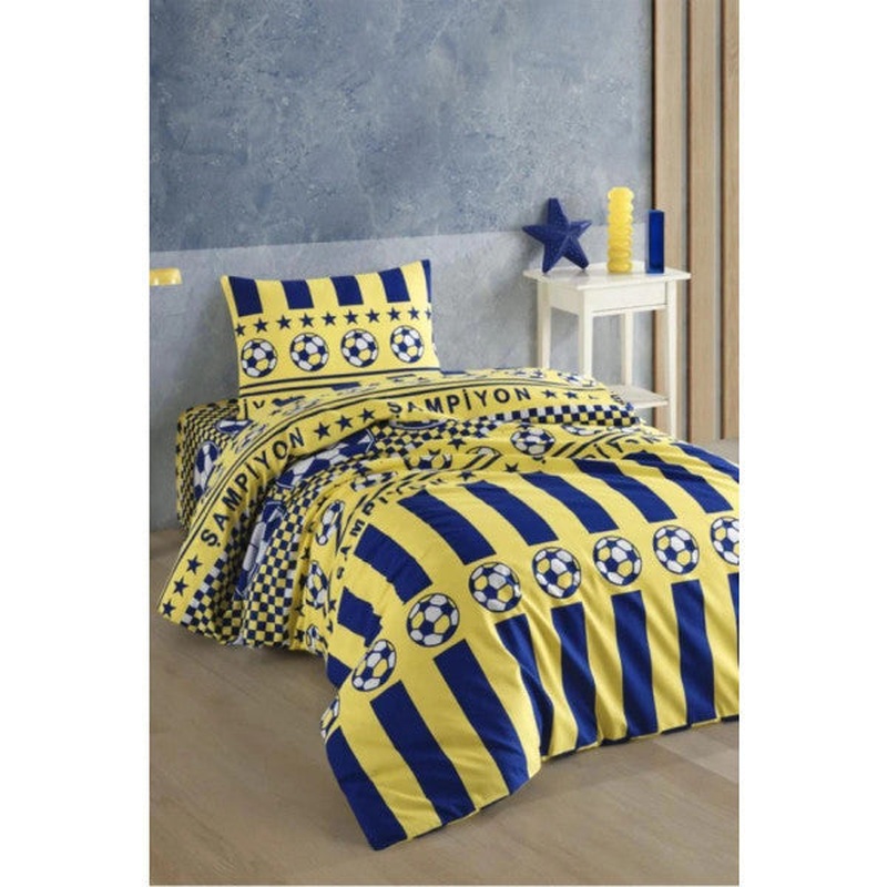 Yellow Navy Blue Fan Patterned Double Duvet Cover Set