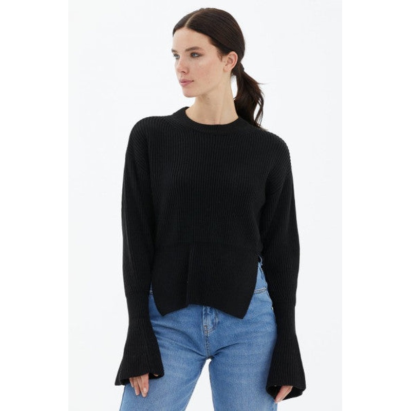 Crew Neck Slit Spanish Sleeve Knitwear Sweater - Black