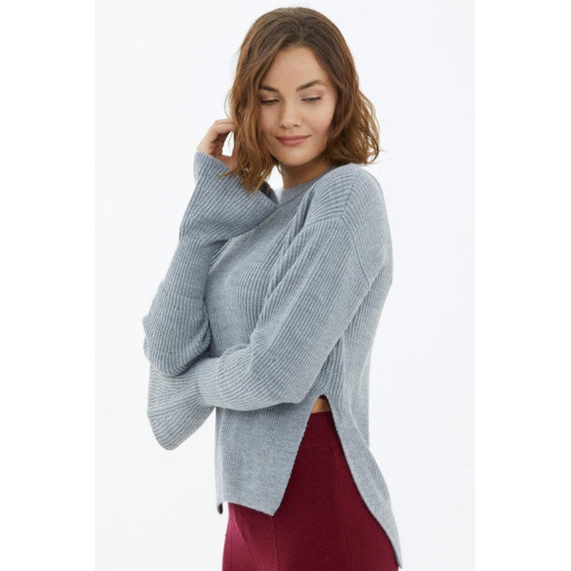Crew Neck Slit Spanish Sleeve Knitwear Sweater - Gray