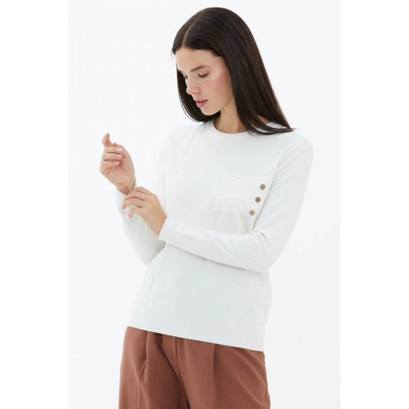 Crew Neck Pocket Buttoned Knitwear Sweater - White