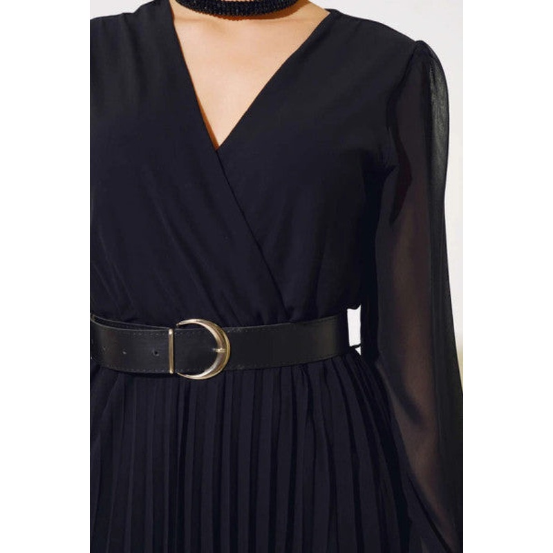 Belted Pleated Chiffon Dress Black