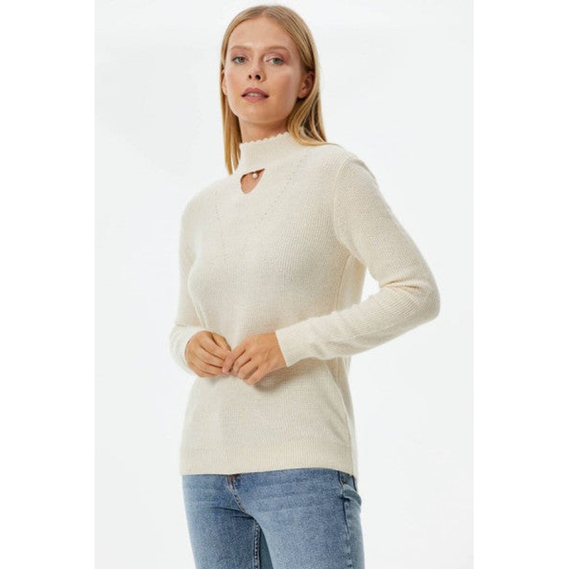 Drop Collar Pearl Detailed Knitwear Sweater - Bone