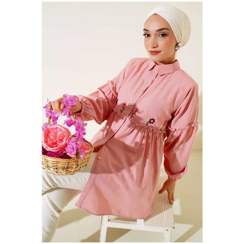 Pleated Floral Embroidered Shirt Powder