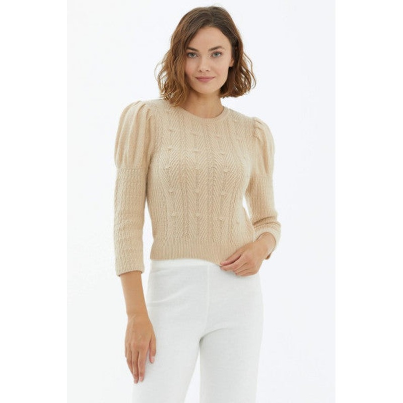 Balloon Sleeve Braided Knitwear Sweater - Beige