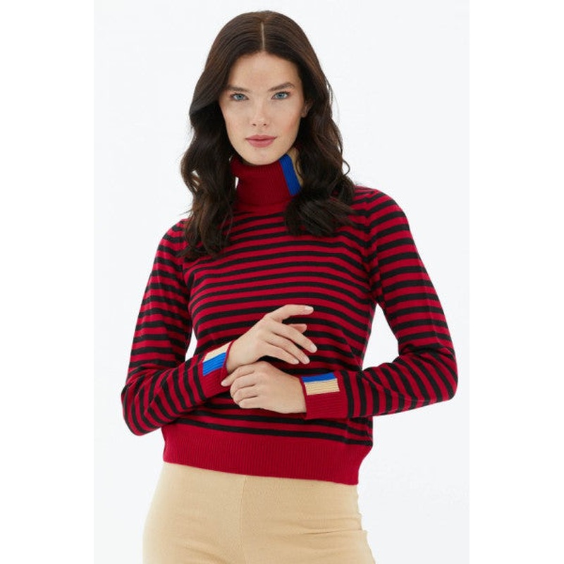 Full Turtleneck Striped Knitwear Sweater - Red