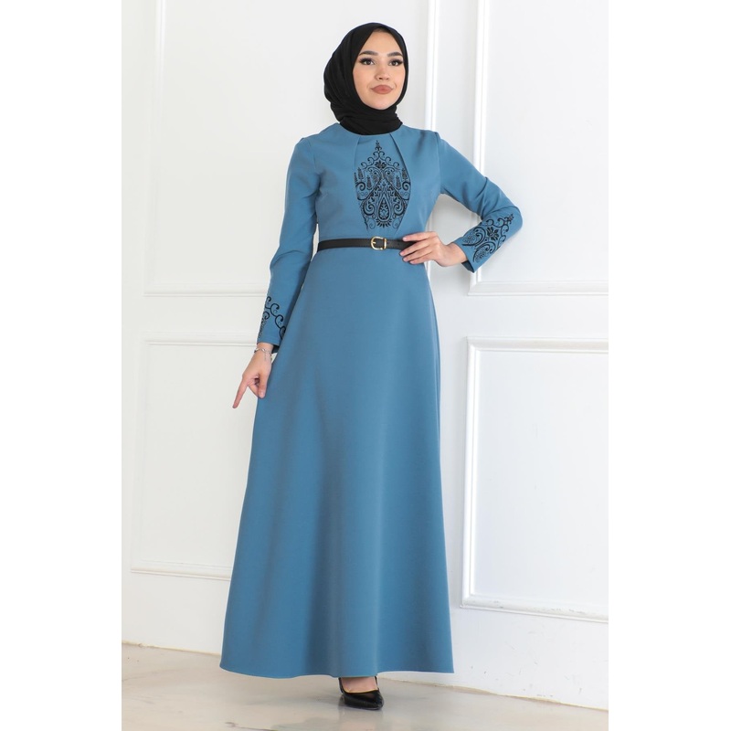 Belt Detailed Dress Baby Blue 6116