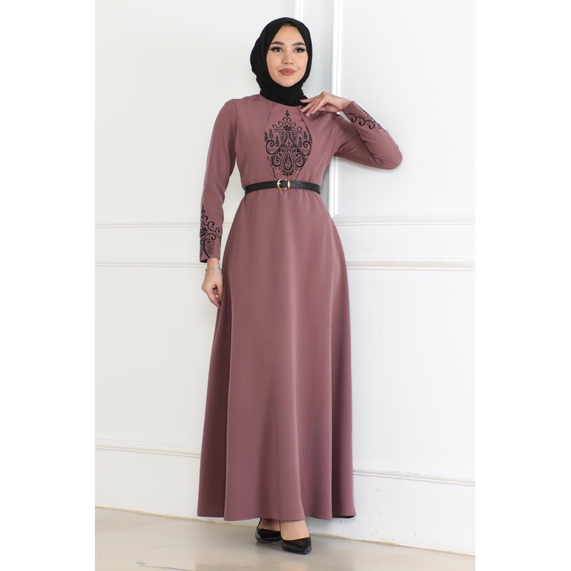 Belt Detailed Dress Dusty Rose 6116