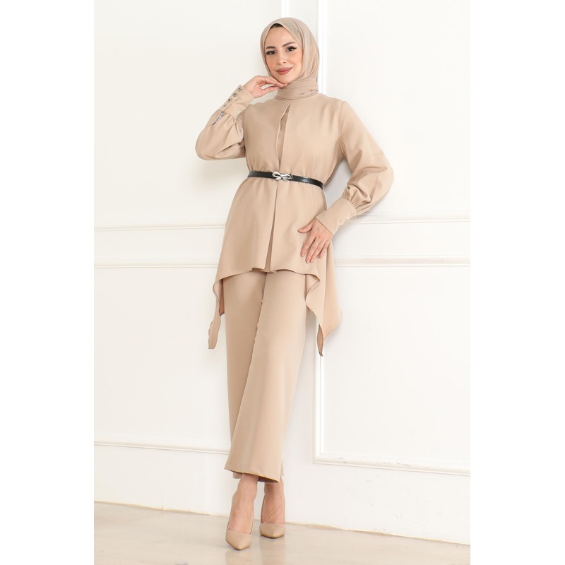 Belt Detailed Suit Beige Msw19001-5