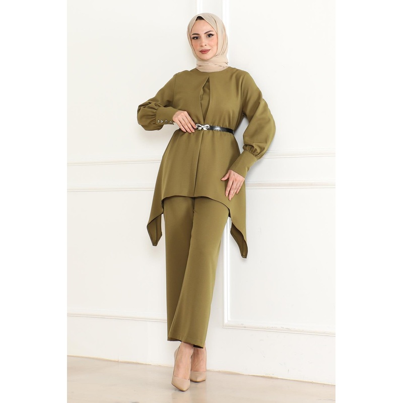 Belt Detailed Suit Khaki Msw19001-4