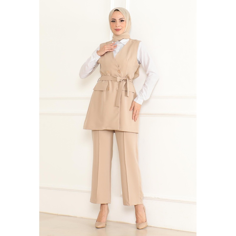 Belt Detailed Two-Piece Suit Beige 19232