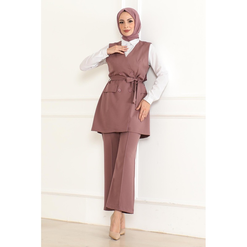 Belt Detailed Two-Piece Suit Dusty Rose 19232