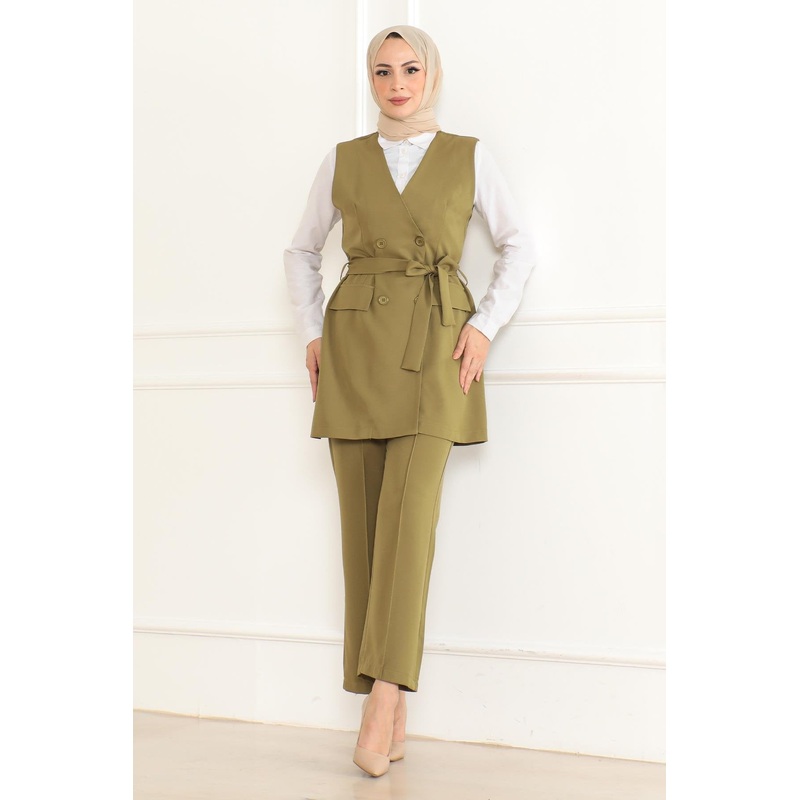 Belt Detailed Two-Piece Suit Khaki 19232