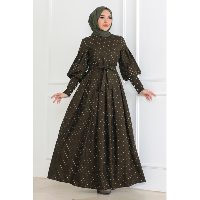 Belted Polka Dot Dress Khaki 6120