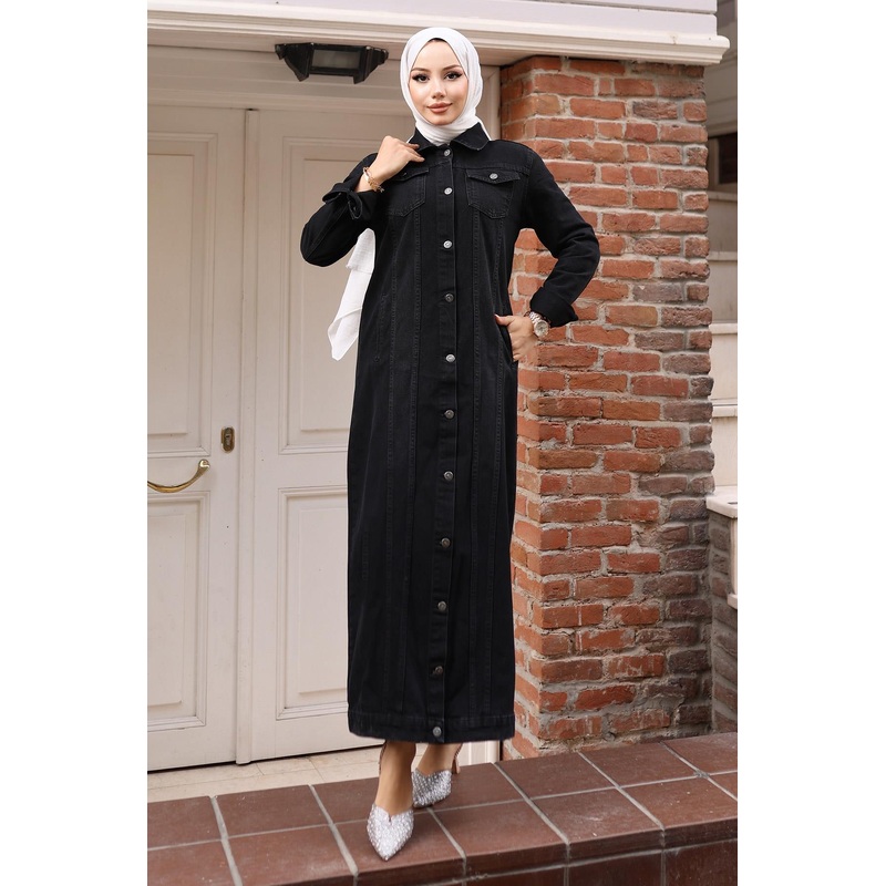 Button Detailed Denim Abaya Black 6122