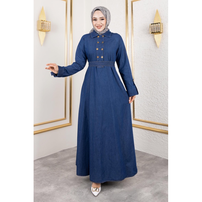 Button Detailed Denim Dress Dark Blue 19366