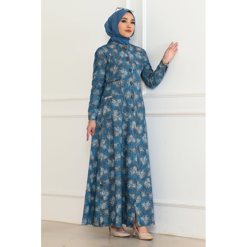 Button Detailed Denim Dress Light Blue 6128