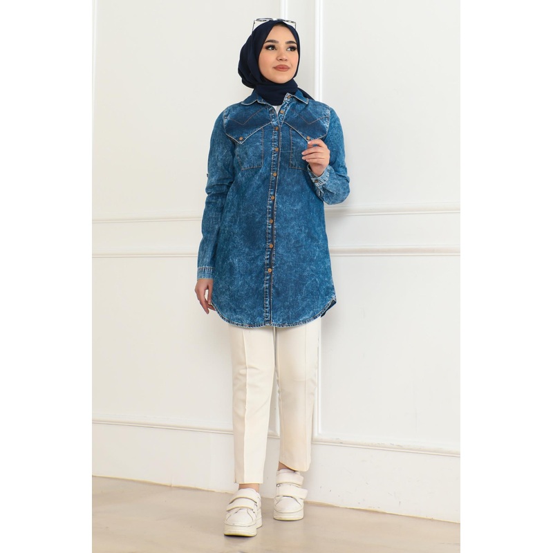 Button Detailed Denim Tunic Blue 6124