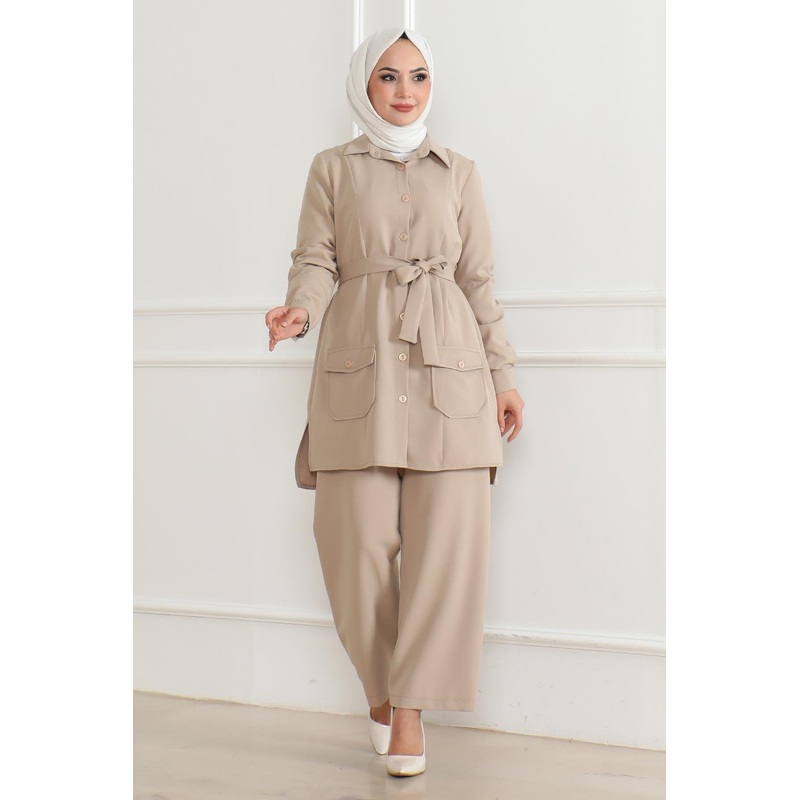 Button Detailed Suit Beige 19223