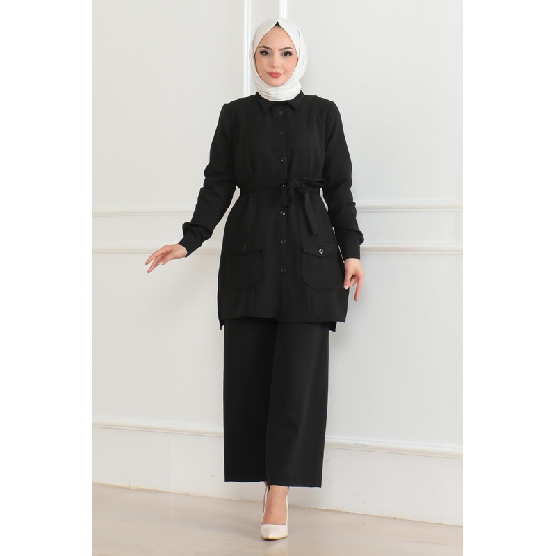 Button Detailed Suit Black 19223