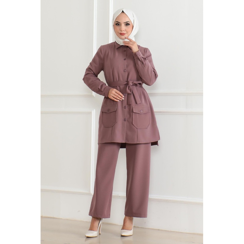 Button Detailed Suit Dusty Rose 19223