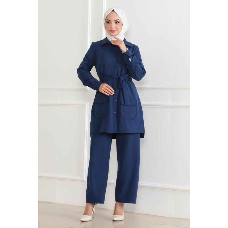 Button Detailed Suit Indigo 19223