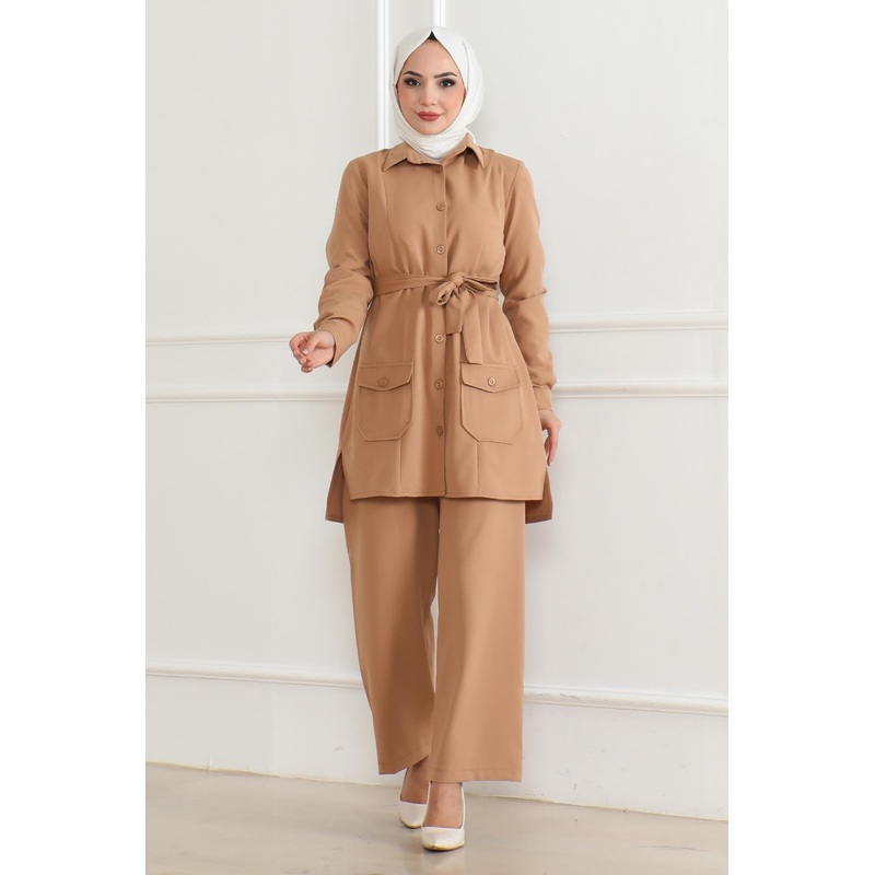 Button Detailed Suit Tan 19223
