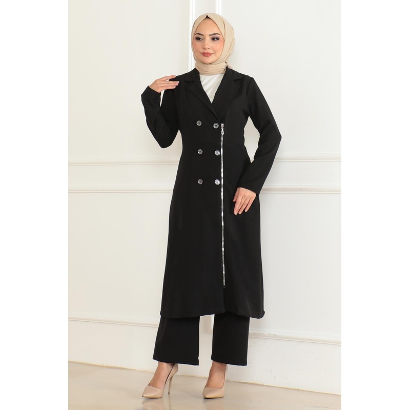 Button Detailed Zippered Suit Black Msw19219-1