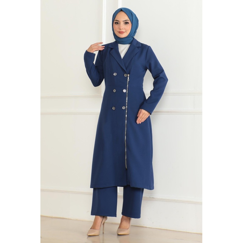 Button Detailed Zippered Suit Indigo Msw19219-2