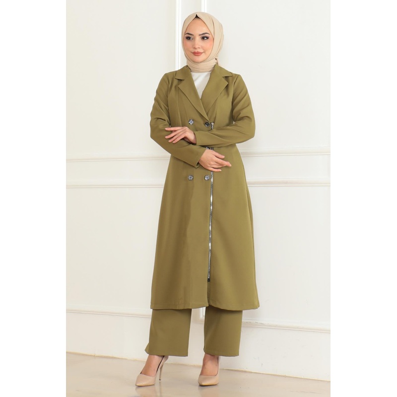 Button Detailed Zippered Suit Khaki Msw19219-4