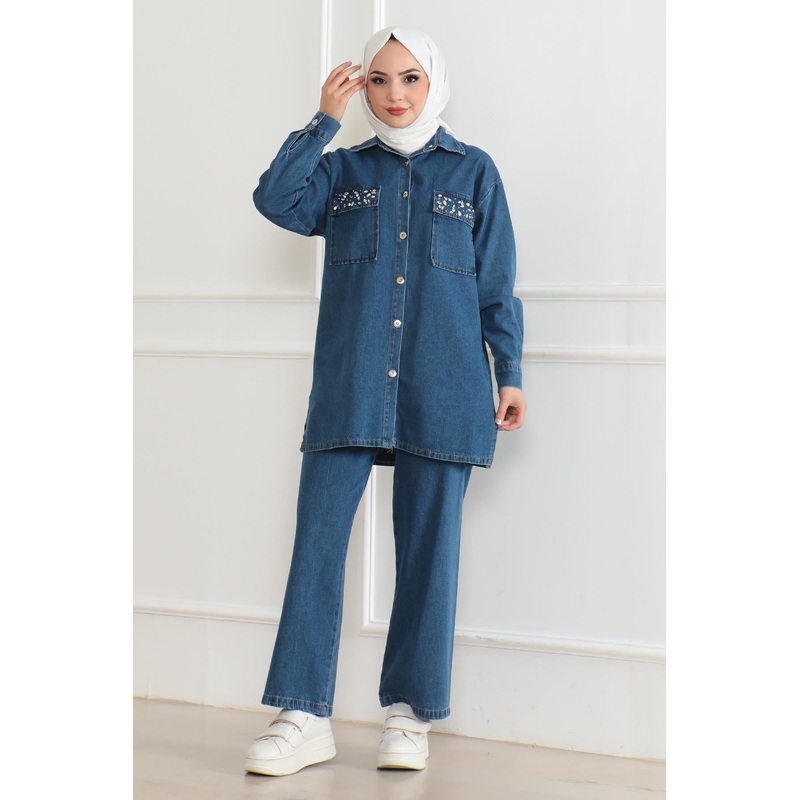 Buttoned Stone Detailed Denim Set Light Denim 19285