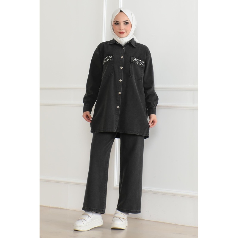 Buttoned Stone Detailed Denim Suit Smoke 19285