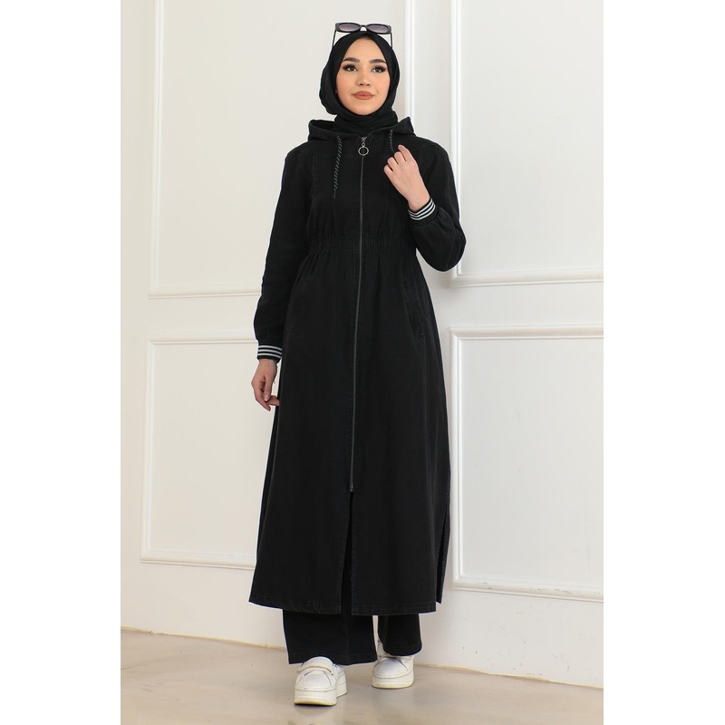 Elastic Waist Hooded Denim Suit Black 19362