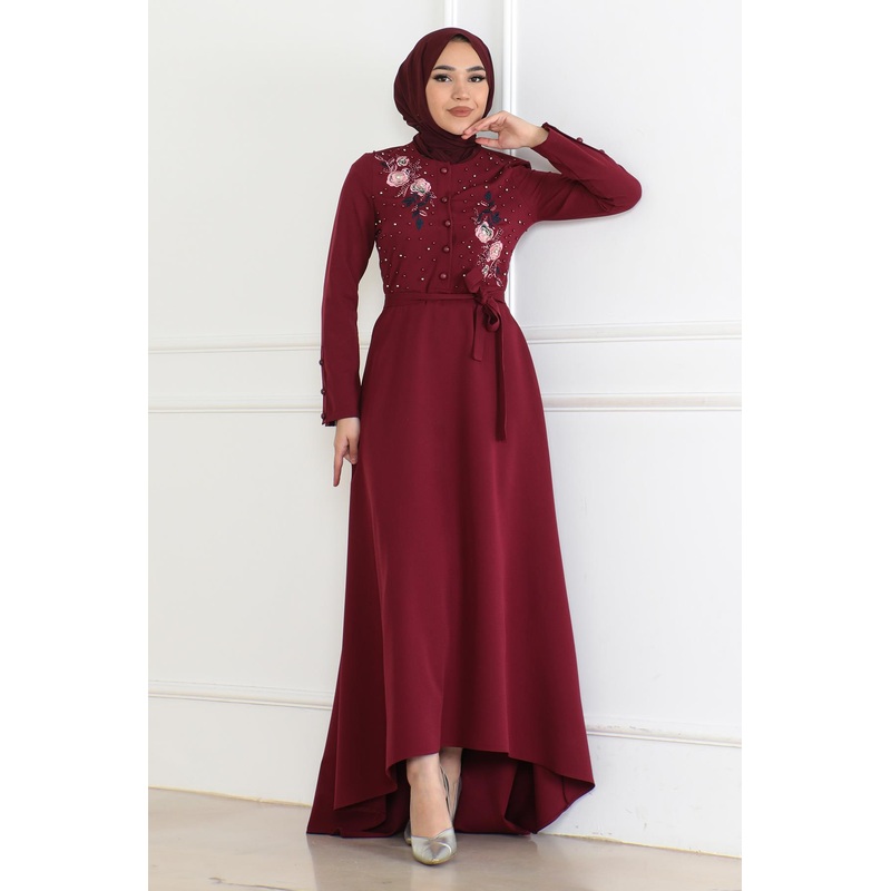 Embroidered Detailed Dress Burgundy 6119