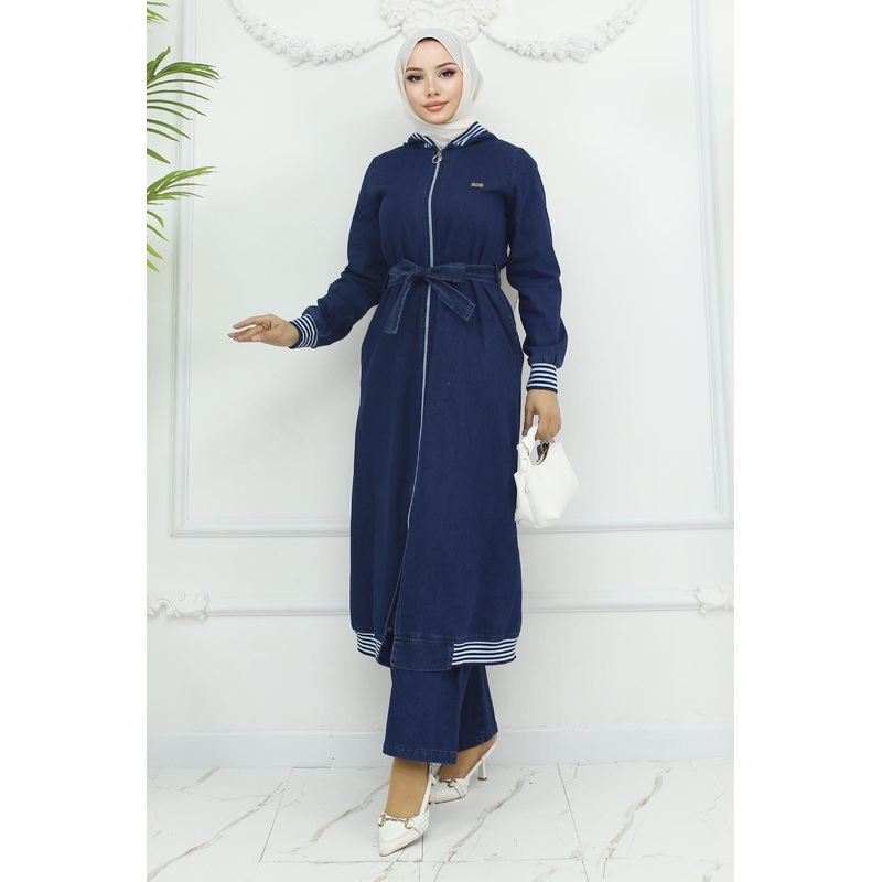 Hooded Ribbed Denim Suit Dark Blue 19244