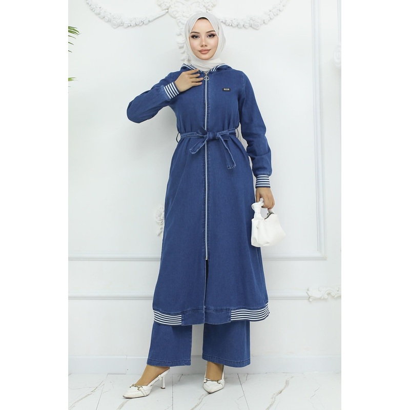 Hooded Ribbed Denim Suit Light Blue 19244