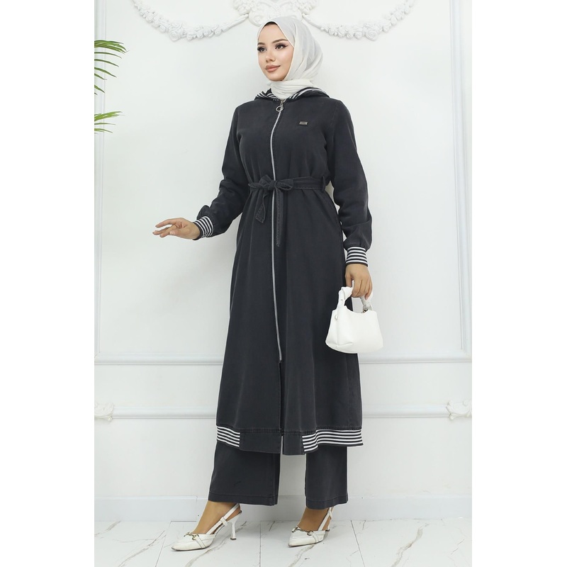 Hooded Ribbed Denim Suit Smoke 19244