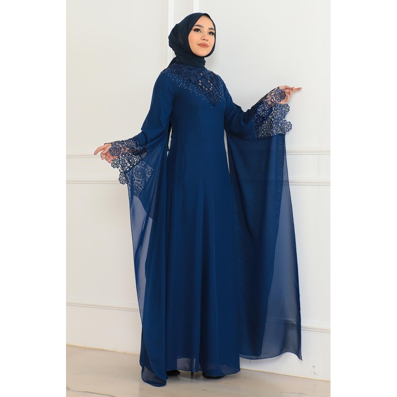 Lace Detailed Evening Dress Indigo 6127