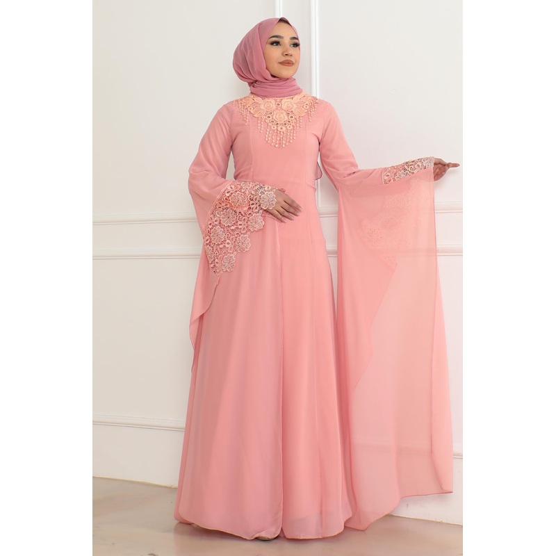 Lace Detailed Evening Dress Powder 6127