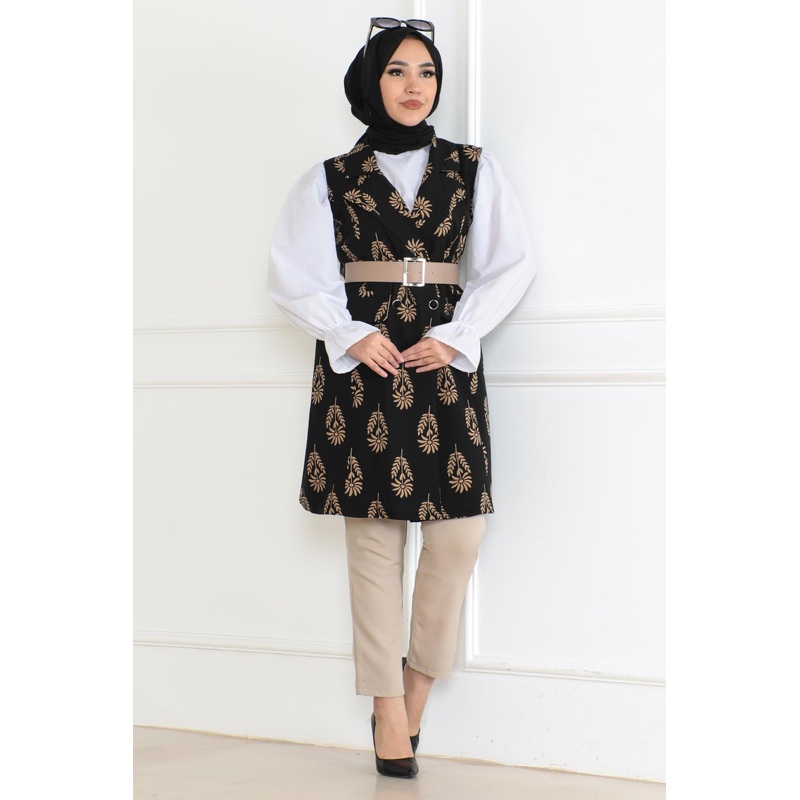 Patterned Hijab Jacket Black 6111