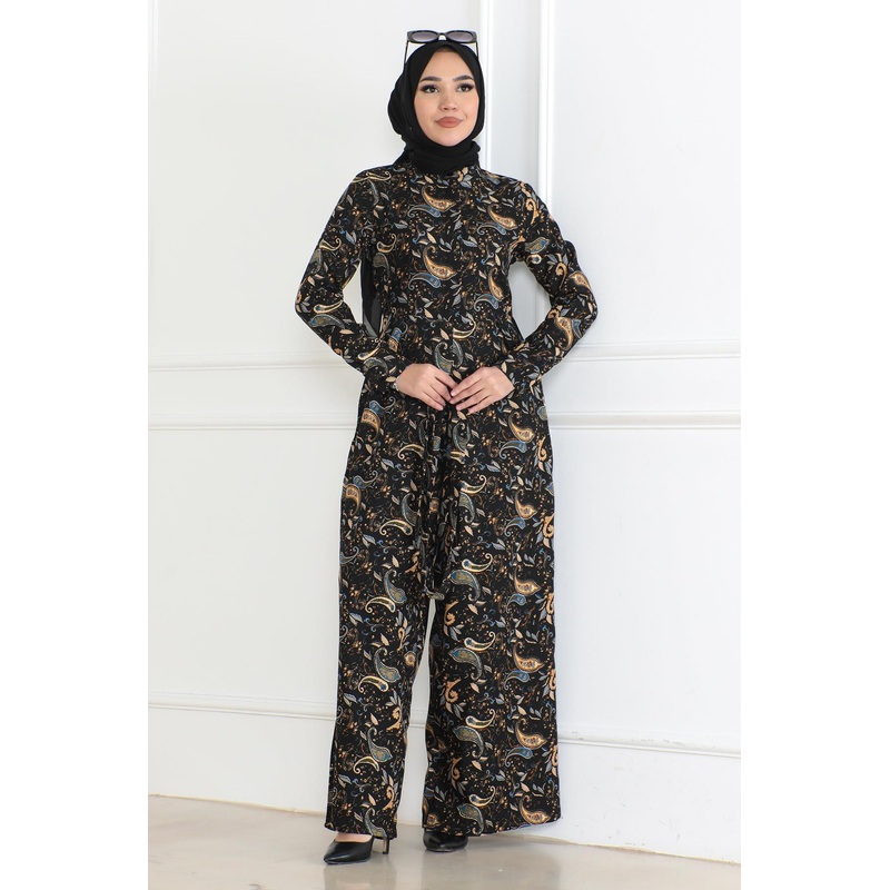 Patterned Hijab Overalls Dress Black 6112
