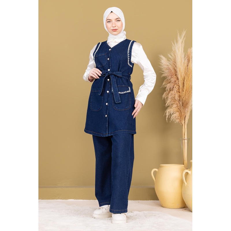 Pearl Detailed Two-Piece Denim Suit Dark Blue 19245