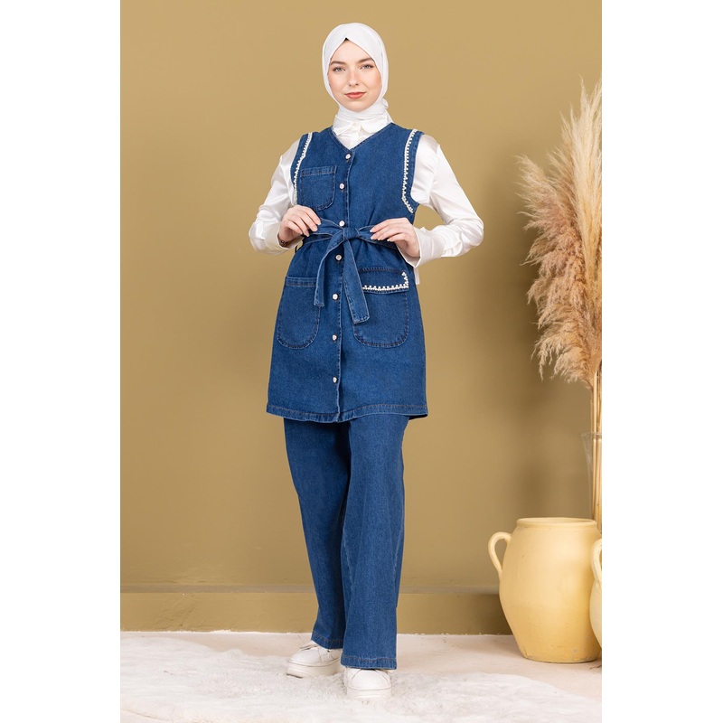 Pearl Detailed Two-Piece Denim Suit Light Blue 19245