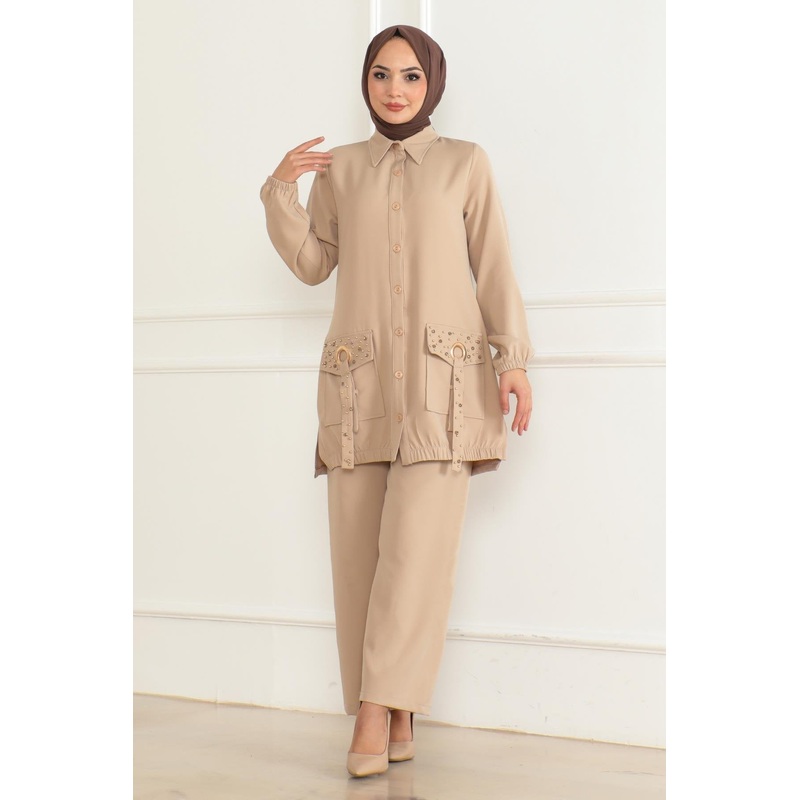 Pocket Detailed Suit Beige 19229