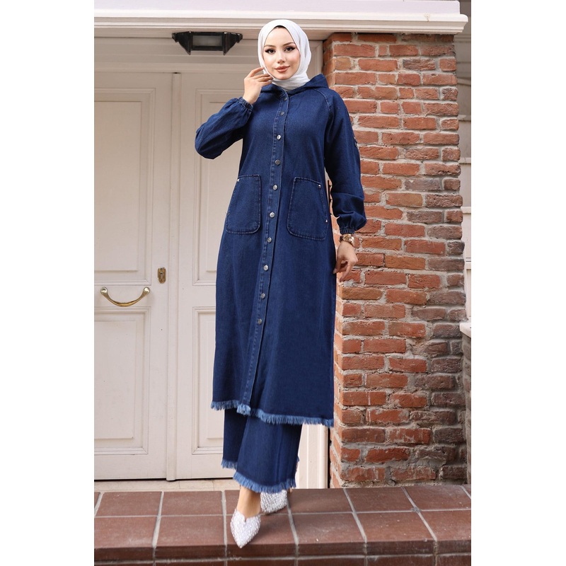 Tassel Detailed Denim Suit Dark Blue 19243